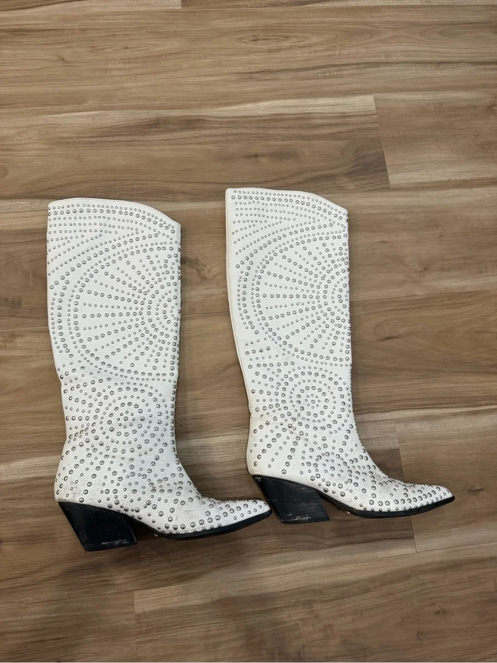 Studded White Pointed-Toe Knee-High Boots